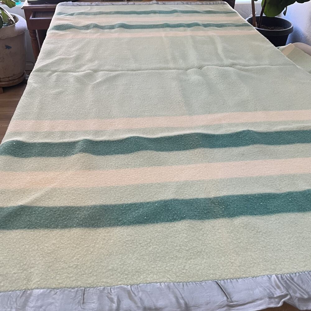 Vintage Baron Woolen Mills Wool Turquoise Blue Tones Striped Blanket 83x68" Read